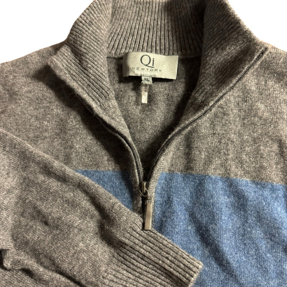 Qi New York men’s XL cashmere 1/4 zip gray with blue‎ stripe sweater